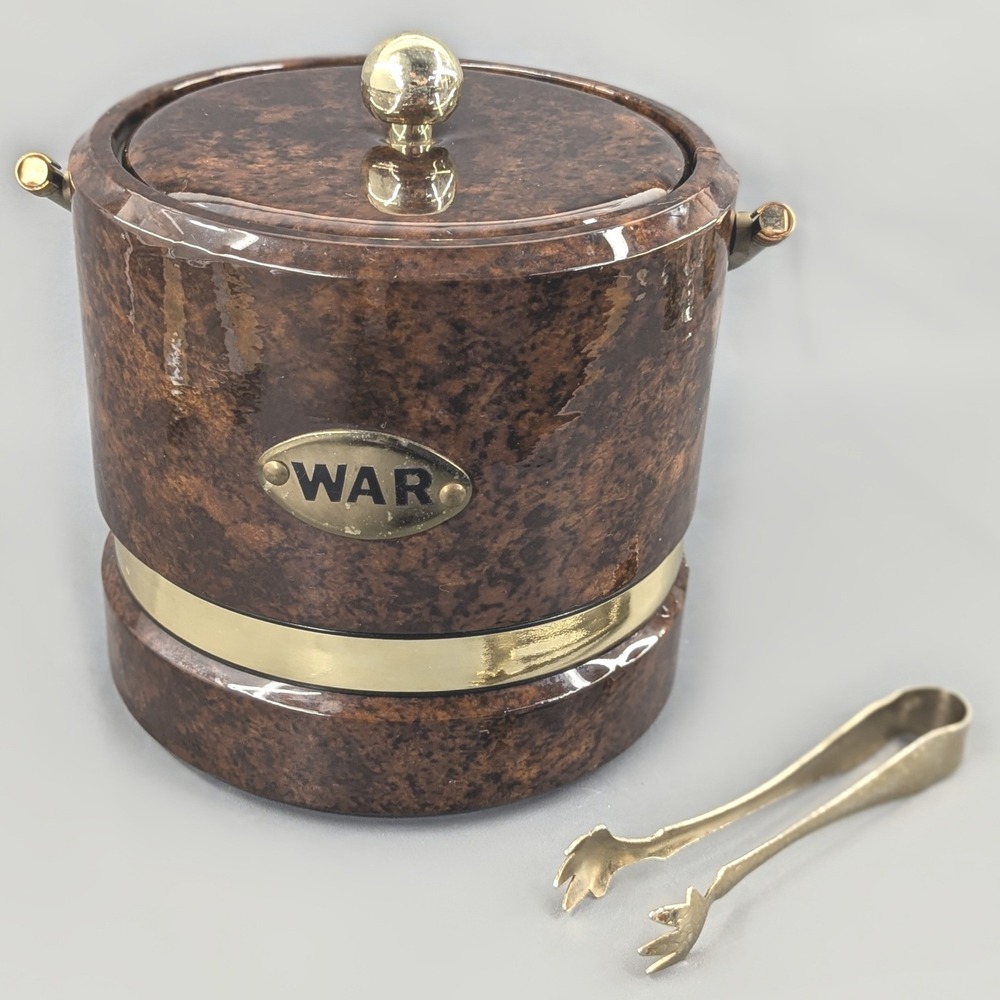 Vintage Faux Burl Wood Ice Bucket with Lid and Tongs Brass Accents WAR Plaque